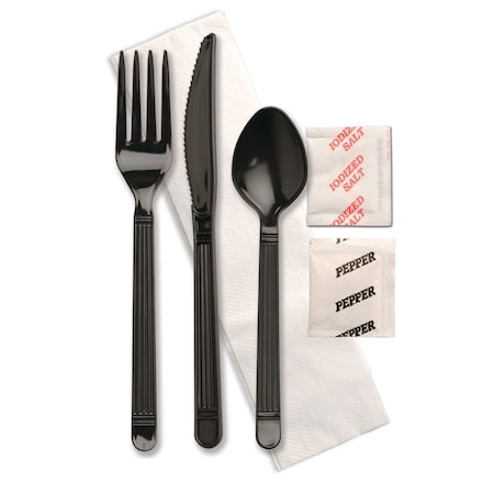 Knife/Fork/Spoon/Salt/Pepper/Napkin Black Wrapped Cutlery Kit, PK250